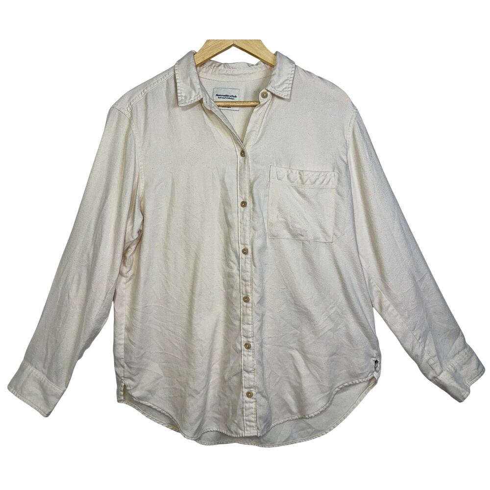 Abercrombie & Fitch Soft AF Cream Knit Long Sleeve Button Down Shirt Top Size L